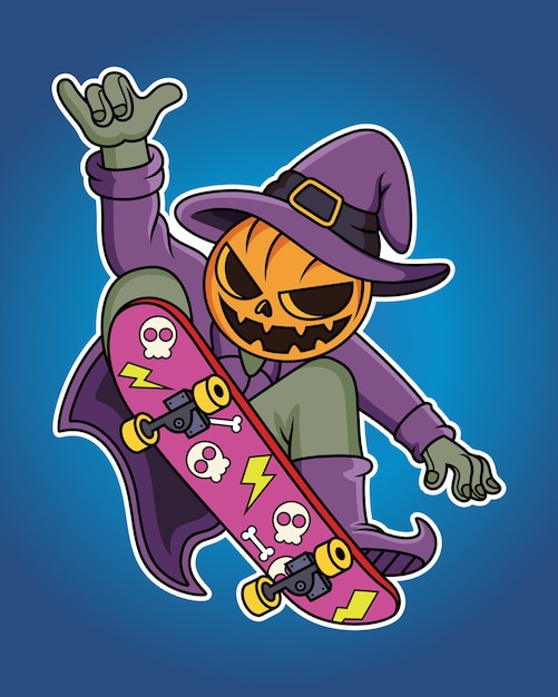 Vector patineta de dibujos animados de calabaza con estilo genial