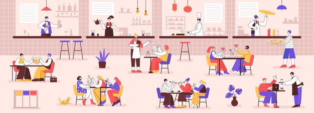 Patio de comidas Salón de restaurante ocupado con gente comiendo, bebiendo juntos y hablando Visitantes en las mesas de la cafetería disfrutando de la cena ilustración vectorial de la cafetería del restaurante con silla y almuerzo