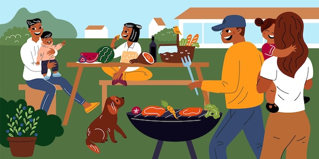 Patio trasero de picnic Vecinos felices con niños hacen barbacoa Fiesta de barbacoa Amigos sonrientes comen y se comunican Gente de dibujos animados cocinando carne a la parrilla Cena en el jardín Concepto de vector llamativo