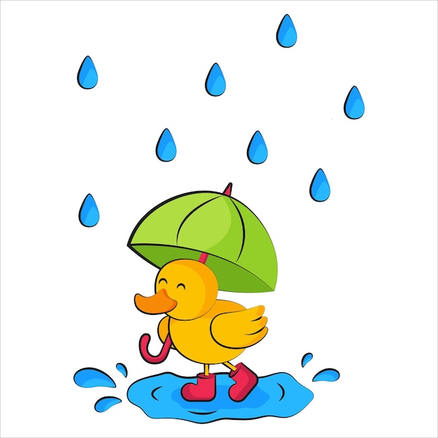 Un patito con botas rojas camina bajo la lluvia bajo un paraguas