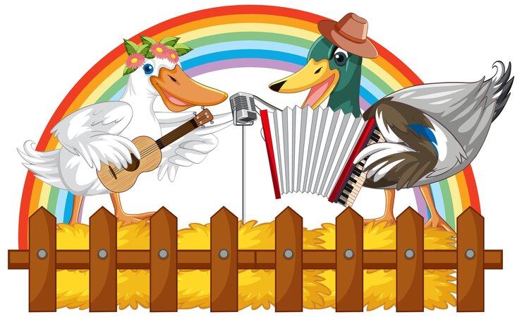 Vector patito cantando y tocando acordeón de guitarra en suelo blanco