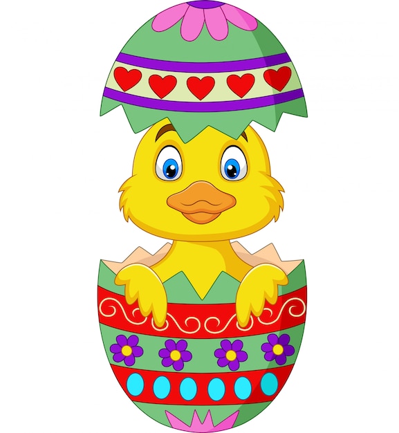 Patito de dibujos animados salido de un huevo de Pascua
