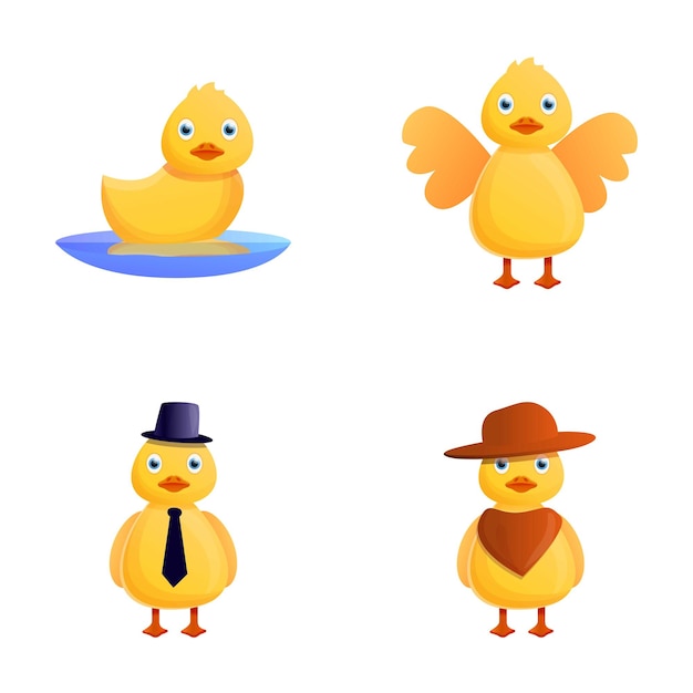 Patito, iconos, conjunto, caricatura, vector, divertido, patito, caricatura, carácter