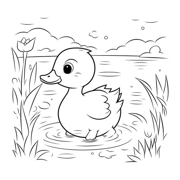 Patito en el lago ilustración vectorial en blanco y negro