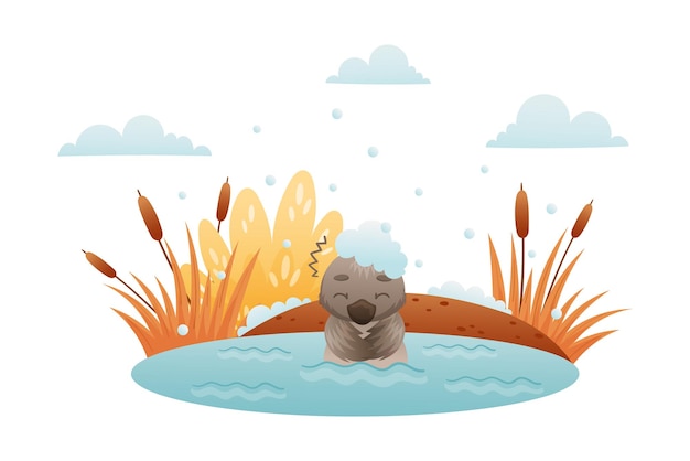Patito solitario nadando en el estanque en invierno Patito feo cuento de hadas ilustración vectorial de dibujos animados