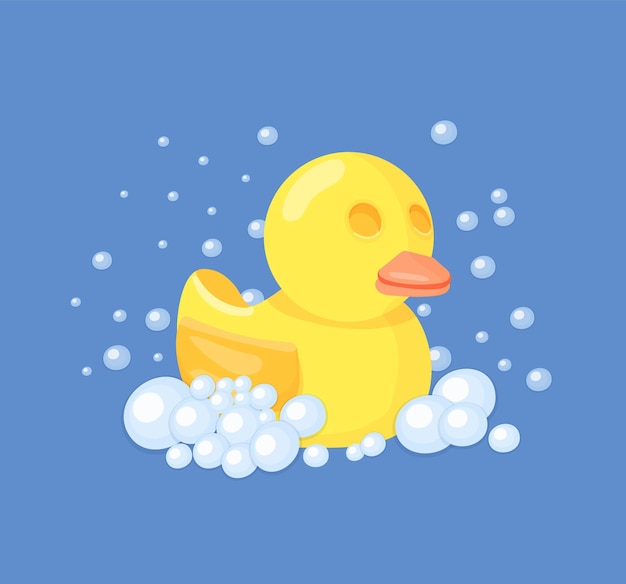 Vector pato de baño amarillo juguete para niños para la hora del baño juguetes tradicionales para niños vivero elementos decorativos vectoriales pato en burbujas de jabón de dibujos animados