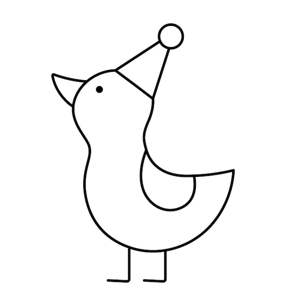 Pato blanco y negro en un sombrero de vacaciones Circo vectorial o animal de cumpleaños Icono de línea de pájaro de diversión Arte de clip de personaje de festival divertido lindo Espectáculo callejero comediante ilustración o página para colorear