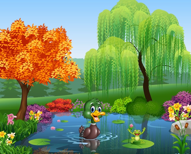 Pato de dibujos animados con la rana feliz