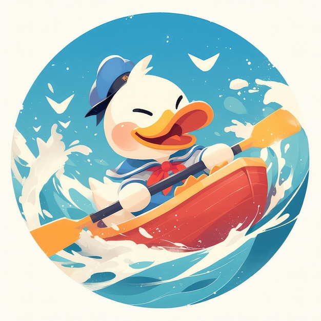 Un pato está remando un barco al estilo de los dibujos animados