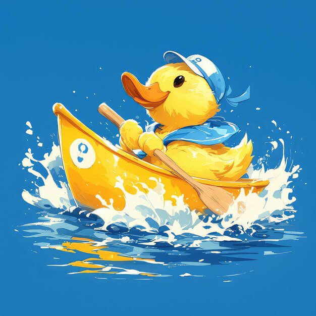 Un pato está remando un barco al estilo de los dibujos animados