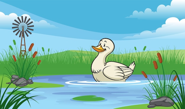 Pato en el estanque con estilo de dibujos animados.