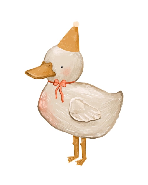 Pato ganso con sombrero de fiesta y lazo Feliz cumpleaños