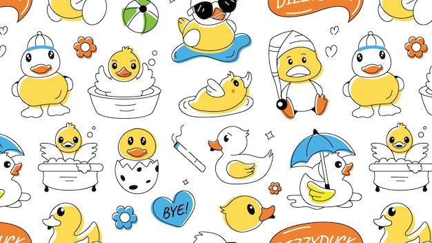 Un pato garabateado que muestra lindo patos de goma, juguetes de ducha y pollos bebé