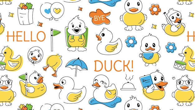 Un pato garabateado que muestra lindo patos de goma, juguetes de ducha y pollos bebé