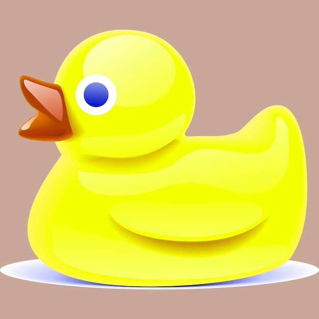 Un pato de goma amarillo con un ojo azul está sobre un fondo marrón.