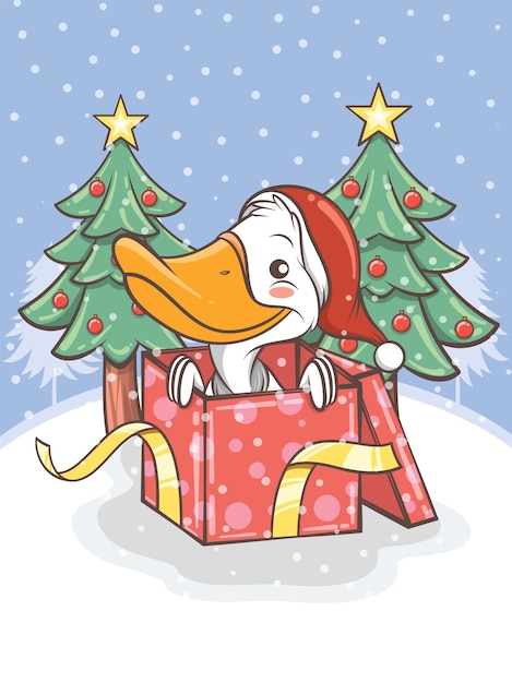 Pato lindo con una caja de regalo y un árbol de Navidad - ilustración de personaje de dibujos animados