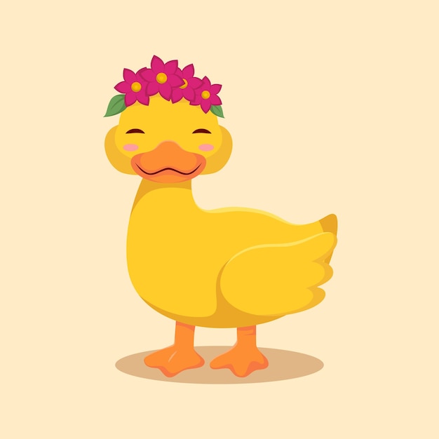 Pato lindo con vector de dibujos animados de flores