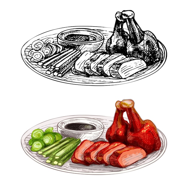 Pato Pekín con salsa en un plato. Ilustración de dibujado a mano de eclosión de vector vintage aislado