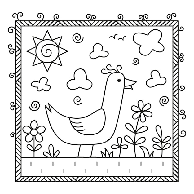 El pato se para en un prado con flores. El sol brilla desde arriba y las nubes vuelan. Ilustración vectorial en blanco y negro para colorear el libro.