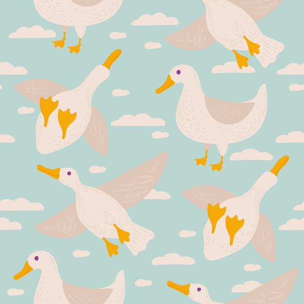 patos divertidos vuelan en diferentes direcciones contra el cielo patrón sin costuras con pájaros blancos