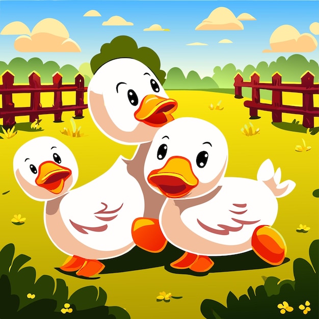 Vector patos de la granja avícola dibujados a mano plana elegante mascota de dibujos animados personaje dibujo pegatina concepto de icono