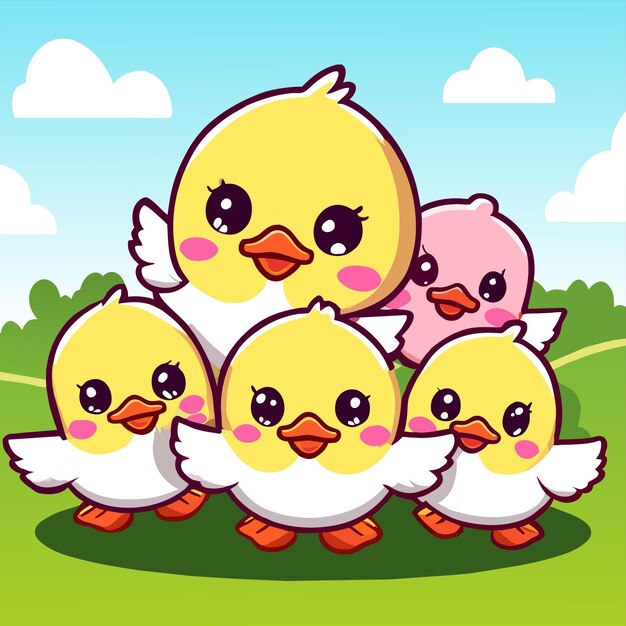 Patos de la granja avícola dibujados a mano plana elegante mascota de dibujos animados personaje dibujo pegatina concepto de icono