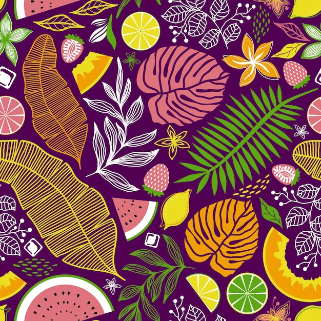 PATRÓN VECTORIAL LILA CON FRUTAS Y HOJAS TROPICALES MULTICOLOR BRILLANTES