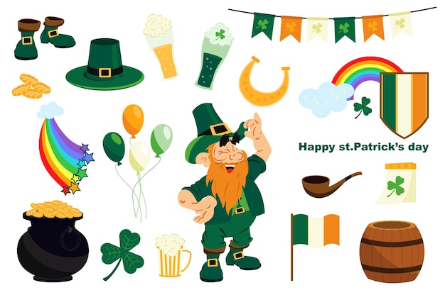 Patrick day mega set en diseño plano Bundle elementos de botas de trébol verde sombrero arco iris monedas de oro caldero leprechaun tazas de cerveza guirnaldas otras ilustraciones vectoriales objetos gráficos aislados