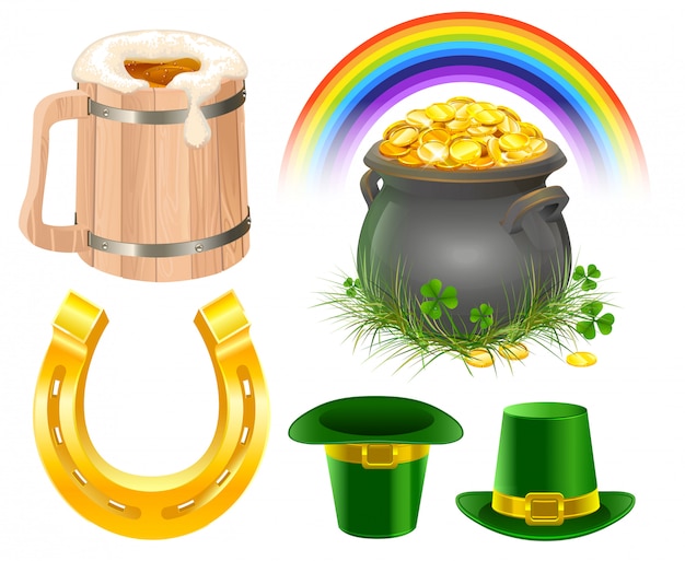 Patricks Day Symbols. Jarra de cerveza irlandesa, arcoiris, sombrero de duende, monedas de bote, herradura dorada