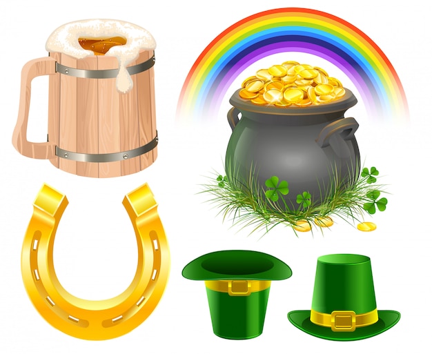 Vector patricks day symbols. jarra de cerveza irlandesa, arcoiris, sombrero de duende, monedas de bote, herradura dorada