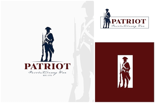 Patriota continental con sombrero de tricornio soldado de guerra de la revolución americana vintage logotipo de mosquete de rifle largo