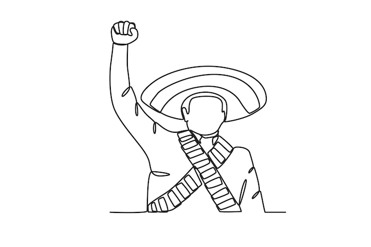 Vector un patriota levantando las manos alienta el dibujo oneline de la revolución mexicana