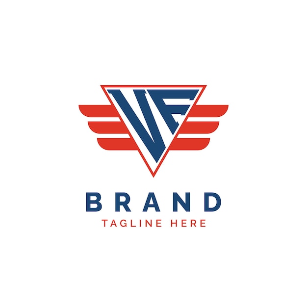 Patriótico VF Logo Iniciales Carta VF Logo alado Triángulo rojo y azul VF con ala para Servicios de entrega de aviación Deportes Agencias militares y de seguridad