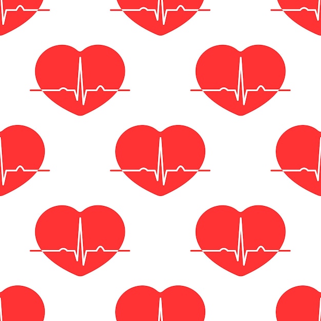 Patro de vector médico de latidos cardíacos sin costuras Corazones rojos con línea de pulso sobre fondo blanco