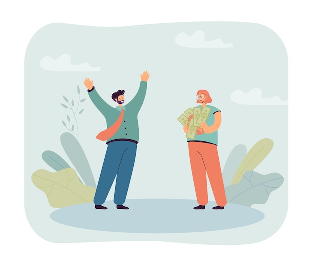 Patrocinador femenino o prestamista de dinero que da dinero en efectivo a un hombre de negocios feliz. Inversor con billetes y monedas ilustración vectorial plana. Finanzas, éxito, concepto de inversión para banner o página web de inicio