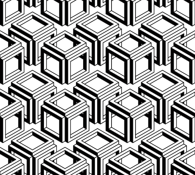 Patrón 3d sin costura geométrico abstracto ilusorio en blanco y negro. Telón de fondo infinito estilizado vectorial, mejor para diseño gráfico y web.