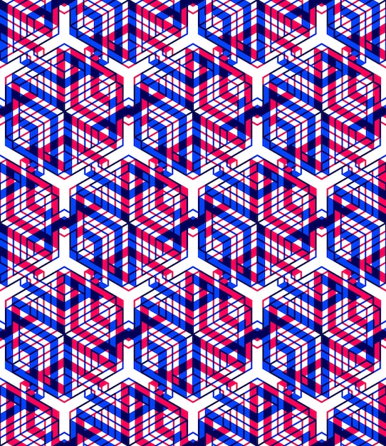 Patrón 3d sin costura geométrico abstracto ilusorio colorido con efectos de transparencia. Telón de fondo infinito estilizado vectorial, mejor para diseño gráfico y web, EPS10.
