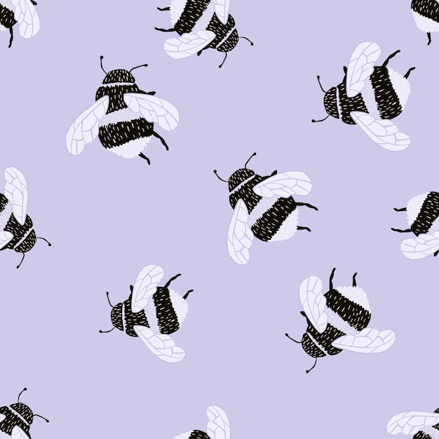 Patrón de abeja sin costuras en estilo a mano alzada. Lindo insecto que extrae miel sobre fondo colorido. Ilustración de vector de textil.