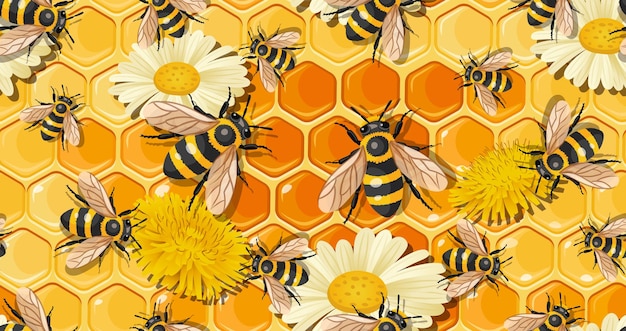 patrón de abejas miel de panal amarillo patrón sin costura con panales con miel y con abejas