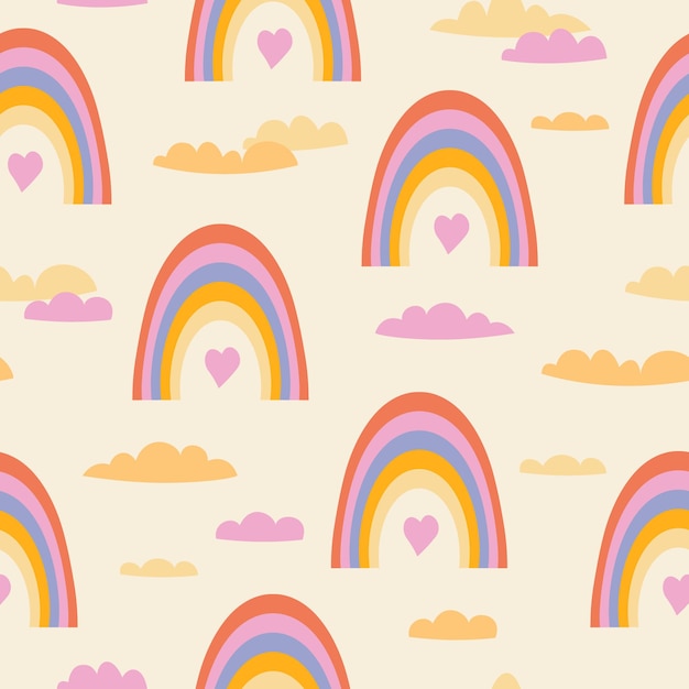 Patrón abstracto al estilo de los años 70 con un arco iris y nubes Diseño vectorial retro
