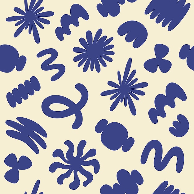 Patrón abstracto sin costuras con formas de dibujos animados orgánicos azules sobre un fondo beige