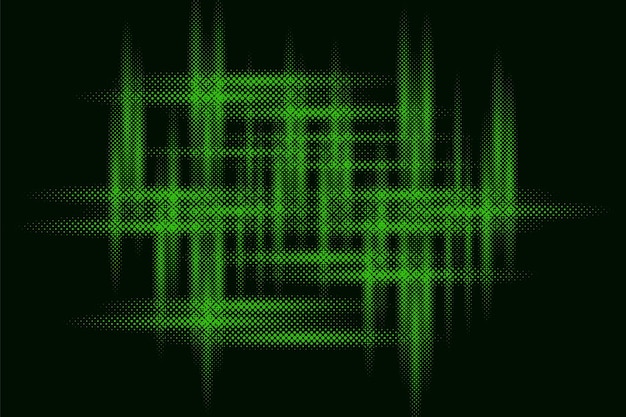 Patrón abstracto digital de puntos verdes que forman una visualización dinámica de la forma de onda sobre un fondo negro