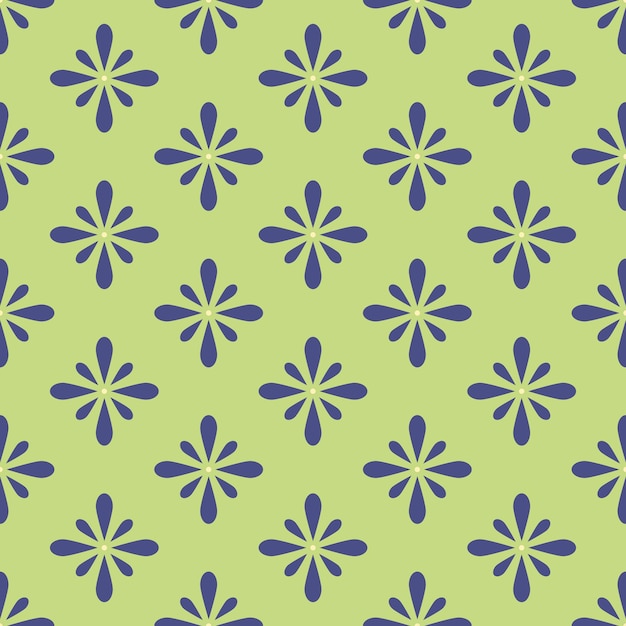 Patrón abstracto con elementos azules y flores estilizadas sobre un fondo verde claro