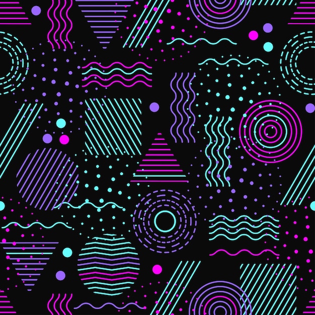 Patrón abstracto de estilo memphis sobre fondo negro de patrones sin fisuras