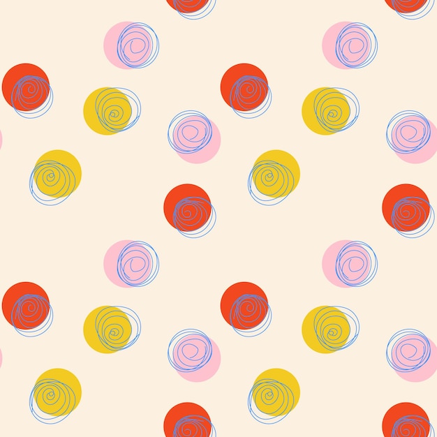 Patrón abstracto sin fisuras con círculo amarillo, rojo, rosa y garabato azul sobre fondo beige.