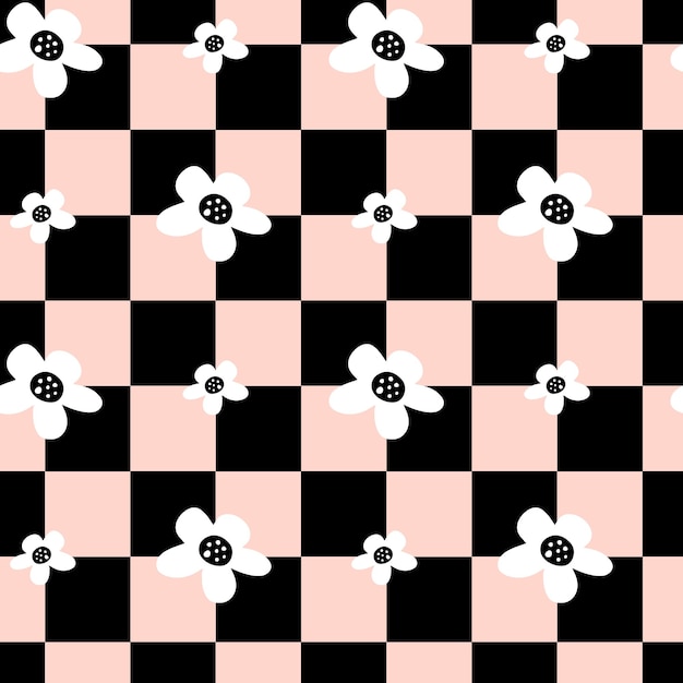 patrón abstracto sin fisuras con cuadrados negros y flores sobre fondo rosa
