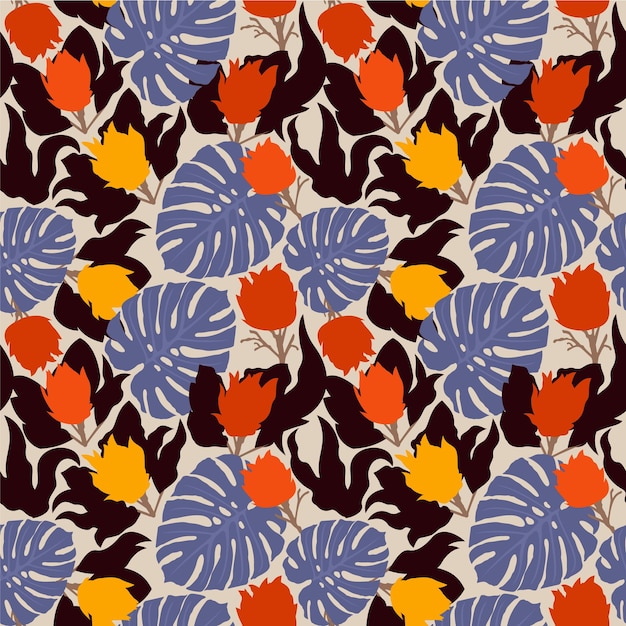 Patrón abstracto floral transparente de vector con proteas y monsteras. Lila, amarillo, naranja, marrón.