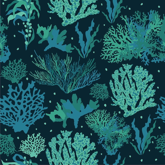 Patrón abstracto sin inconvenientes con corales y algas. Paleta de colores fríos. Concepto submarino.