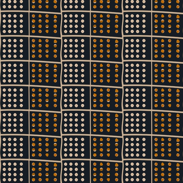 Patrón abstracto de líneas, círculos, manchas. Verde oscuro con estampado naranja Al estilo de los años 70