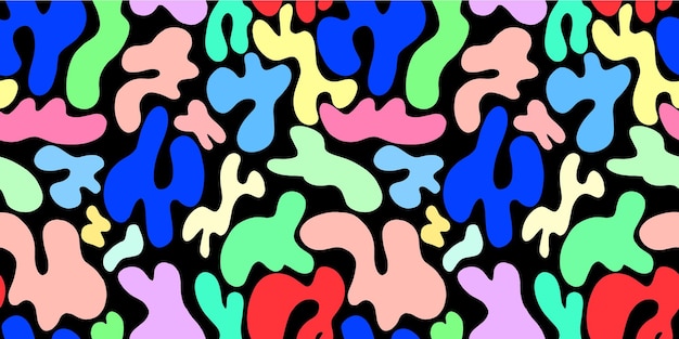Patrón abstracto de manchas de colores sobre un fondo negro Un patrón simple de puntos círculos óvalos Diseño de estilo abstracto para papel textil de tela Ilustración vectorial